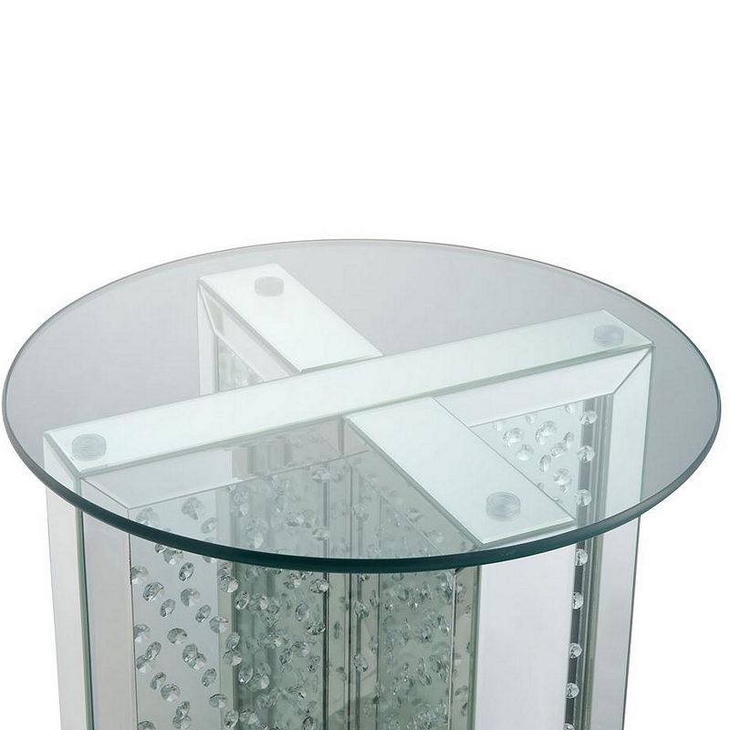 Round Mirrored Metal End Table with Glass Top and Crystal Accent Base， Silver