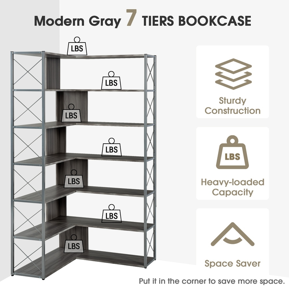 7 Tier Bookcase Home Office Bookshelf  L Shaped Corner Bookcase with Metal Frame