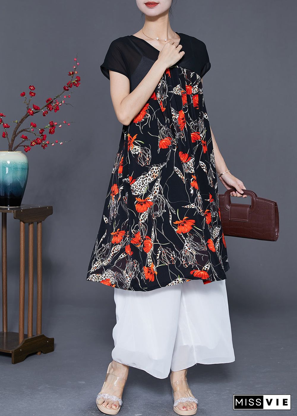 Women Red Floral Exra Large Hem Chiffon Maxi Dresses Summer