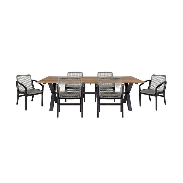 Glendora Beckham Outdoor Patio 7 Piece Live Edge Dining Set in Eucalyptus Wood and Gray Rope