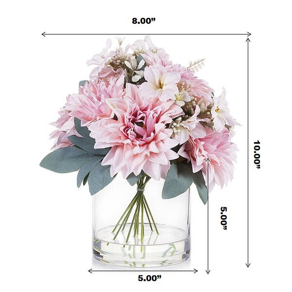 Enova Home Mixed Artificial Silk Dahlia Fake Flowers Arrangement in Clear Glass Vase with Faux Water for Home Office Decoration