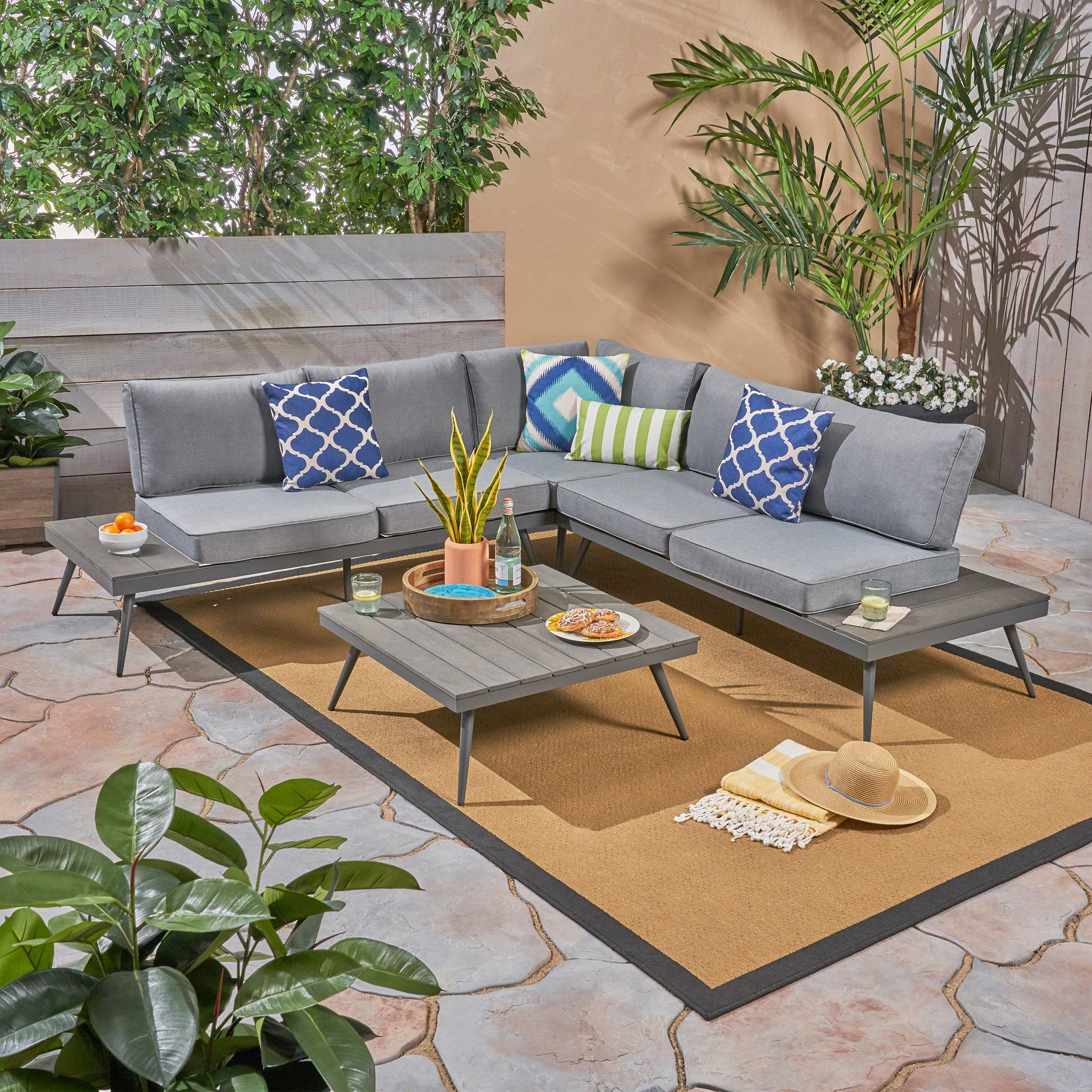 Deborah Outdoor Wood and Aluminum V-Shaped 5 Seater Sofa Set