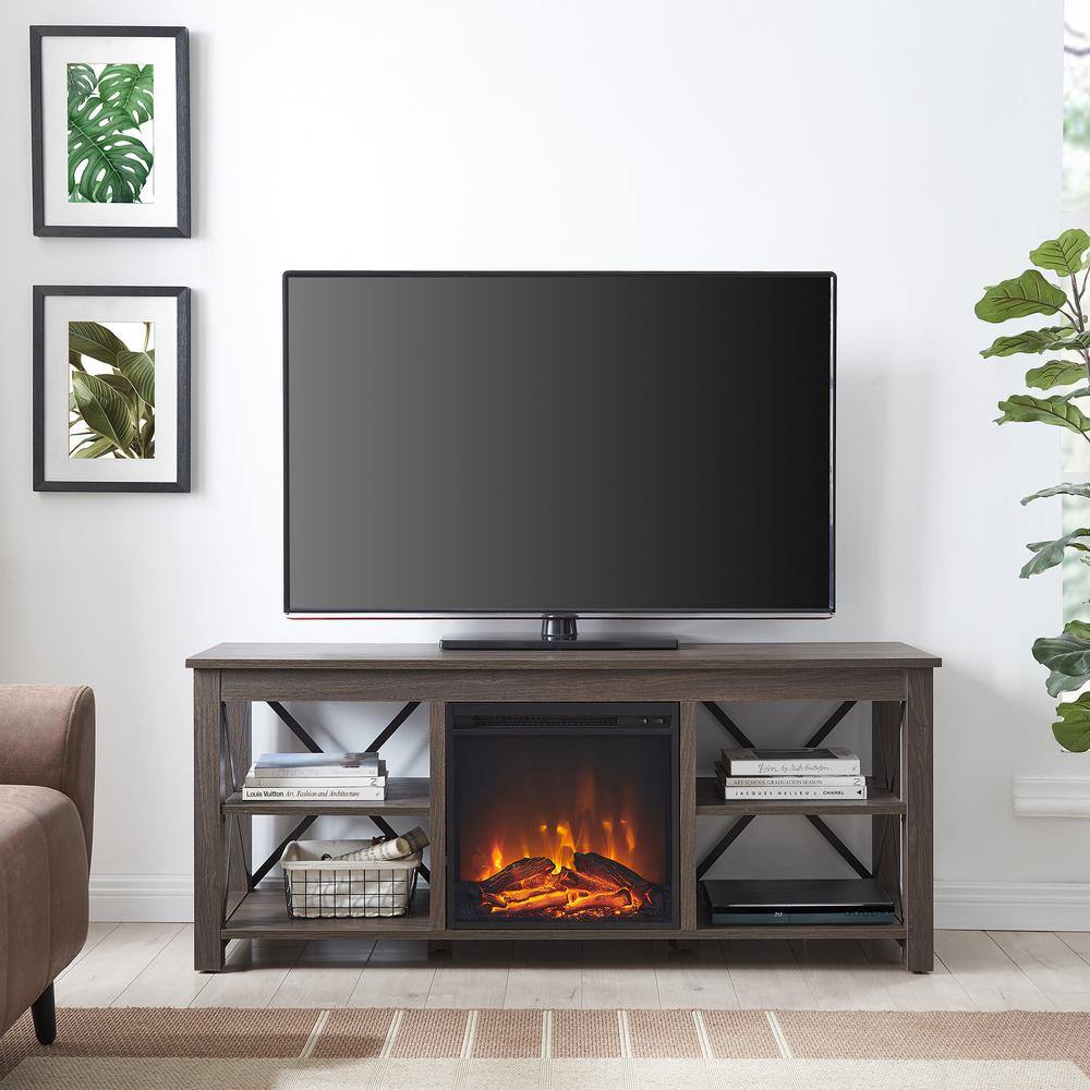 MeyerCross Sawyer 58 in. Alder Brown TV Stand with Log Fireplace Insert Fits TV's up to 65 in. TV1249