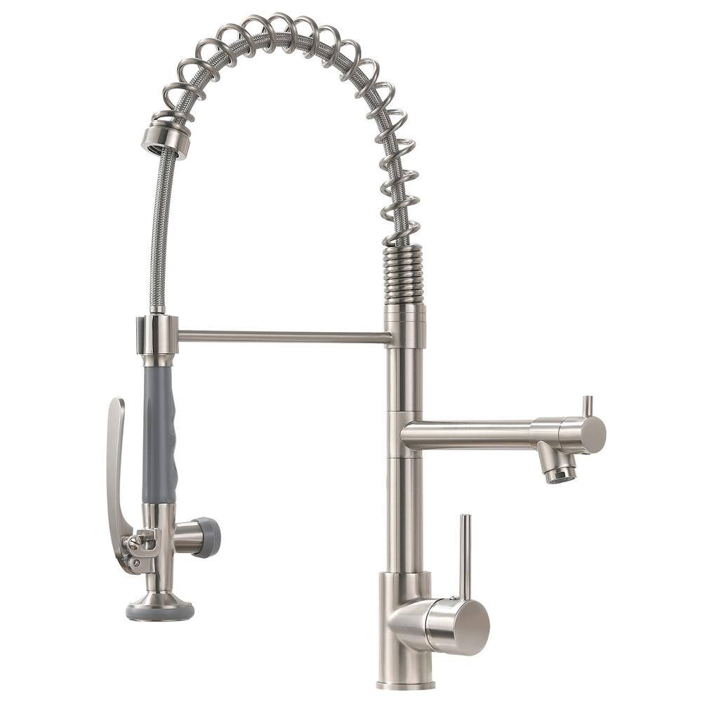 Fapully Spring Single-Handle Pull Down Sprayer Kitchen Faucet Commercial High Goosenck Kitchen Sink Faucet in Brushed Nickel 100550N