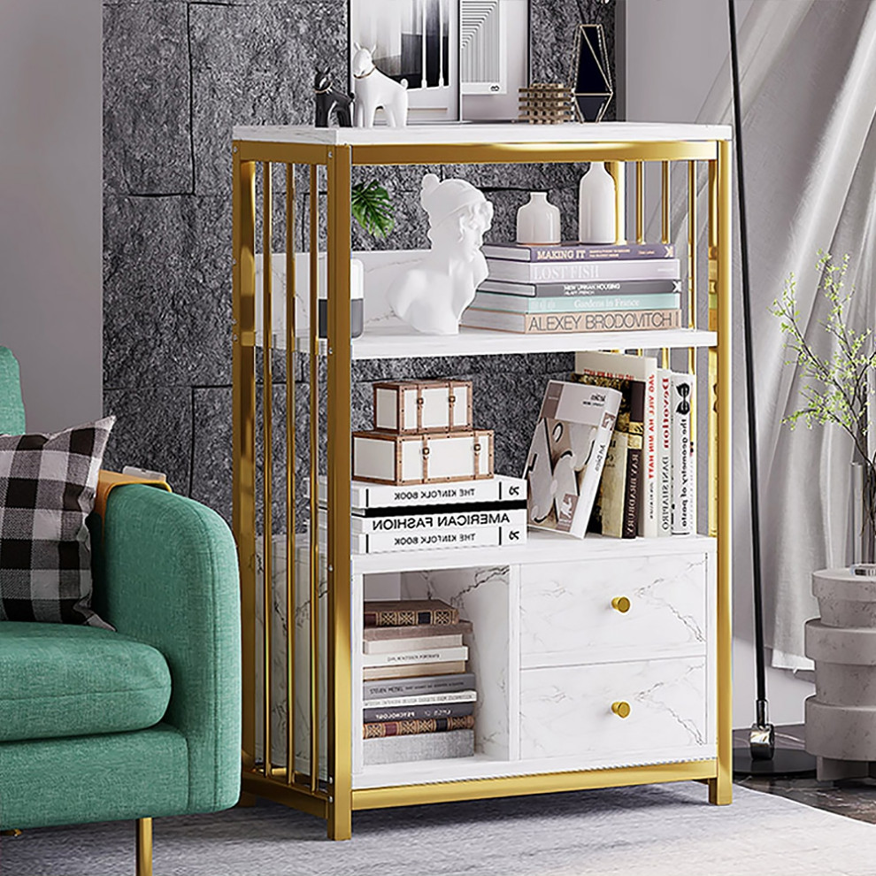 Modern Small Metal Etagere Bookshelf with 2 Drawers in White  ampGold   Contemporary   Bookcases   by Homary International Limited  Houzz