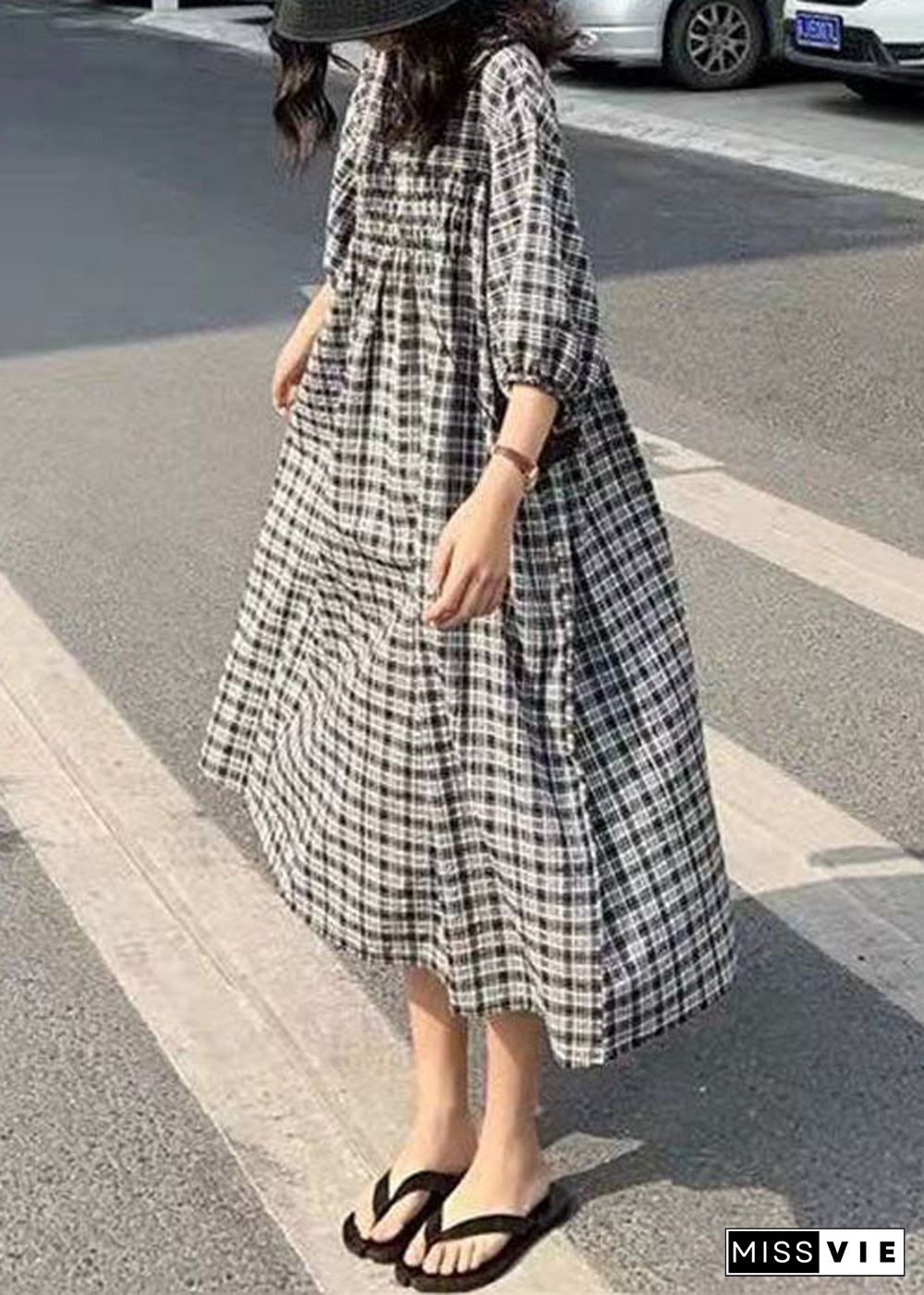 Beautiful Black Cinched Plaid Cotton Maxi Dresses Half Sleeve