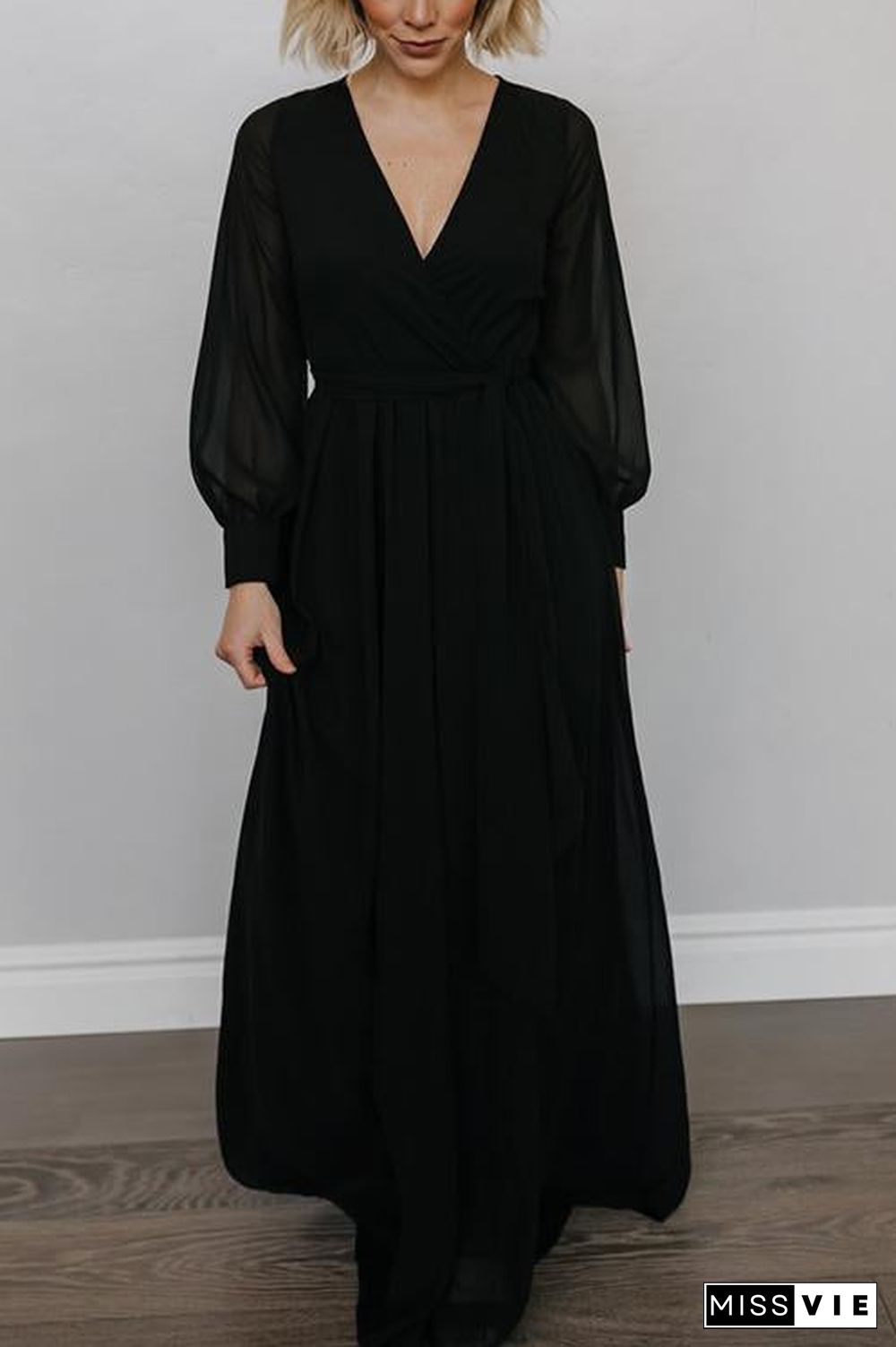 Button Puff Sleeve Belted Maxi Dress