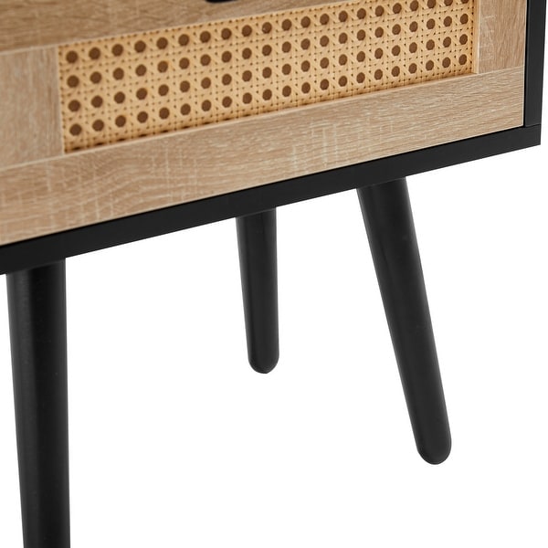 Modern Side table with Drawer and Solid Wood Legs，Rattan Nightstand with Power Outlet and USB Ports