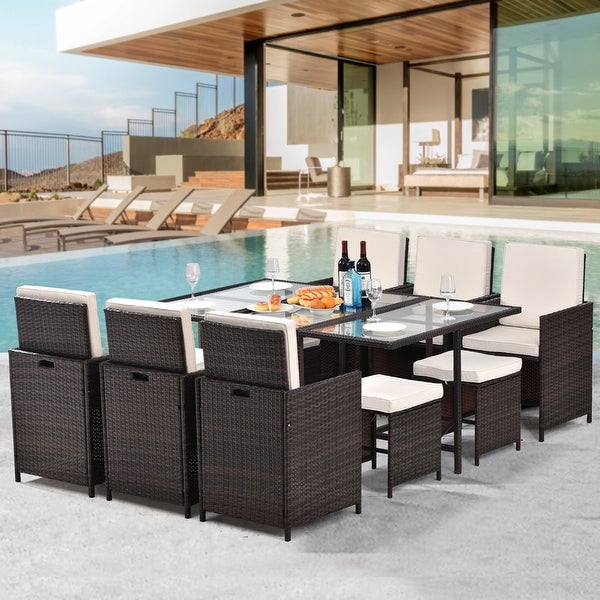 11 Pieces Patio Furniture Dining Set Patio Wicker Rattan Chair Sets Outdoor Furniture Cushioned Tempered Glass with Ottoman -  - 37249482