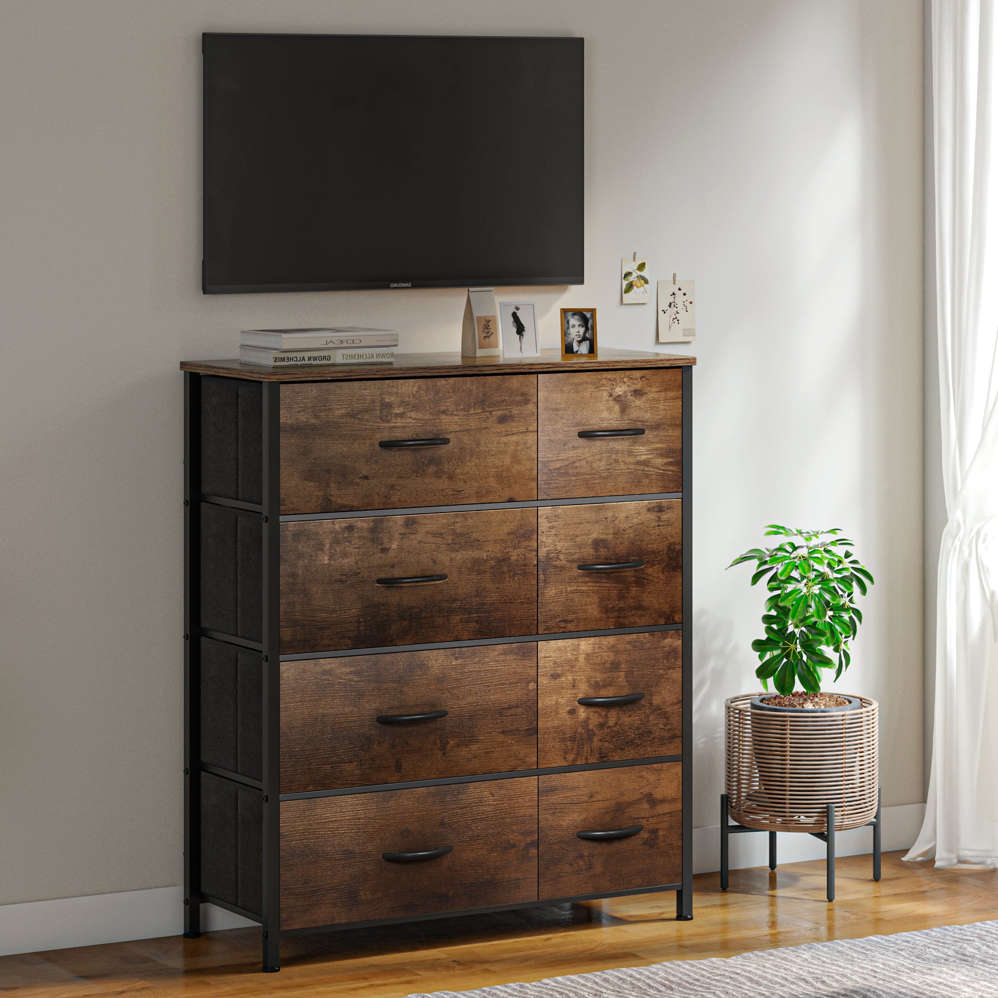 EnHomee 8 Drawer Dresser for Bedroom Fabric Dresser with Wooden Top Tall Dressers & Chest of Drawers TV Stand Storage Dresser for Livingroom Closet Entryway, Rustic Brown, 1 Piece