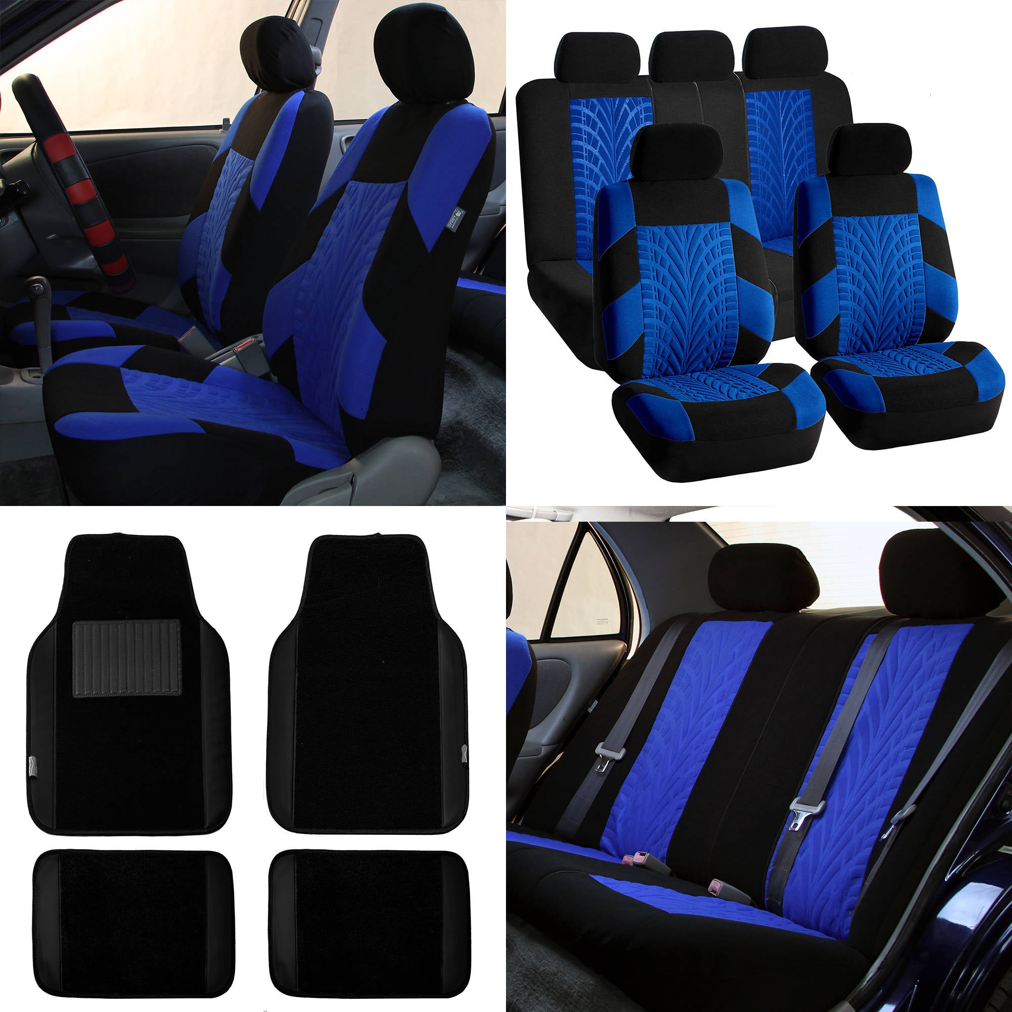 FH Group FH Travel Master Car Seat Covers for Auto Complete Seat Covers Set with Black Leather Trim Carpet Floor Mats Blue