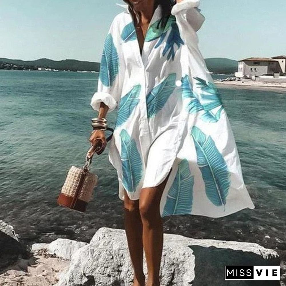 New Fall Summer Women V Neck Button Print Dress Casual Elegant Long Sleeves Irregular Shirt Dress Loose Sexy Beach Party Dresses