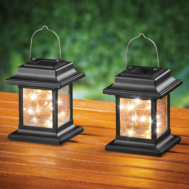 Collections Etc Solar String Light Lanterns With Hanging Hooks Set Of 2 4 25 X 4 25 X 5 25 Black