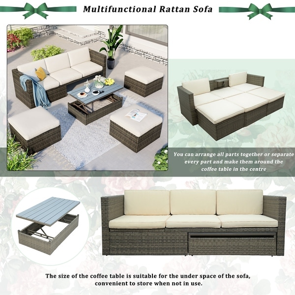 Outdoor Patio Furniture Set 5 Piece Wicker Conversation Set with Lift Coffee Table Sectional Set 3 Seat Sofa Couch