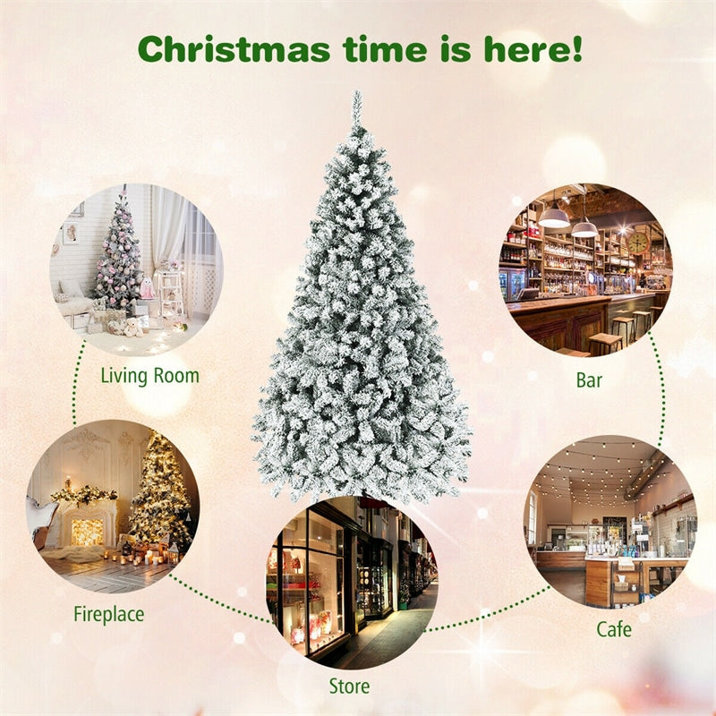 6/7.5/9FT Pre-Lit Hinged Artificial Christmas Tree, Premium PVC Snow Flocked Pine Tree with Metal Stand