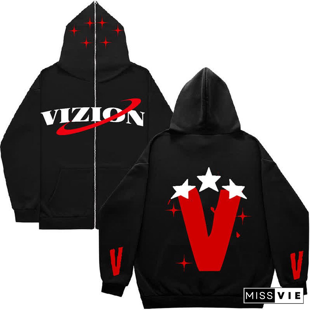 Dark Graphic Print Full Zip Oversize Hooded Sweatshirt