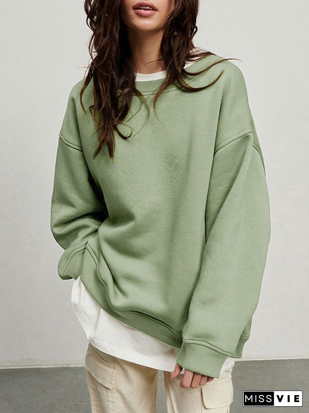 Long Sleeves Loose Solid Color Round-Neck Sweatshirt Tops