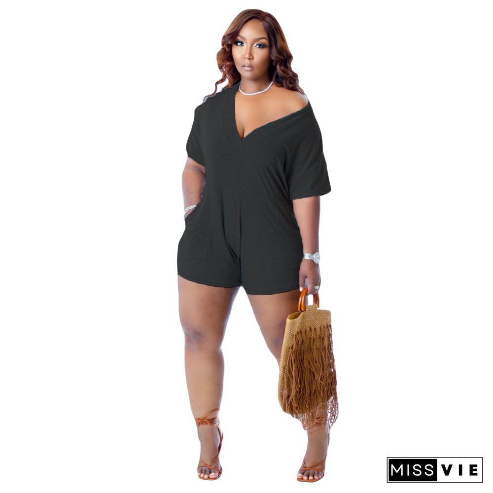 Plus Size Short Sleeve V Neck Loose Casual Rompers