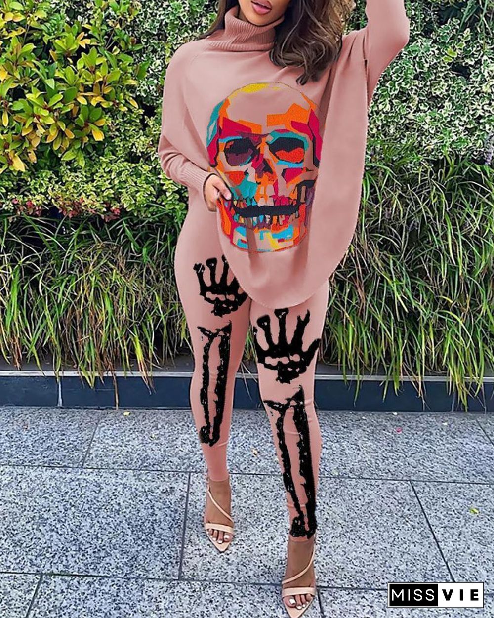 Halloween Skeleton Print High Neck Top & Pants Set P12215