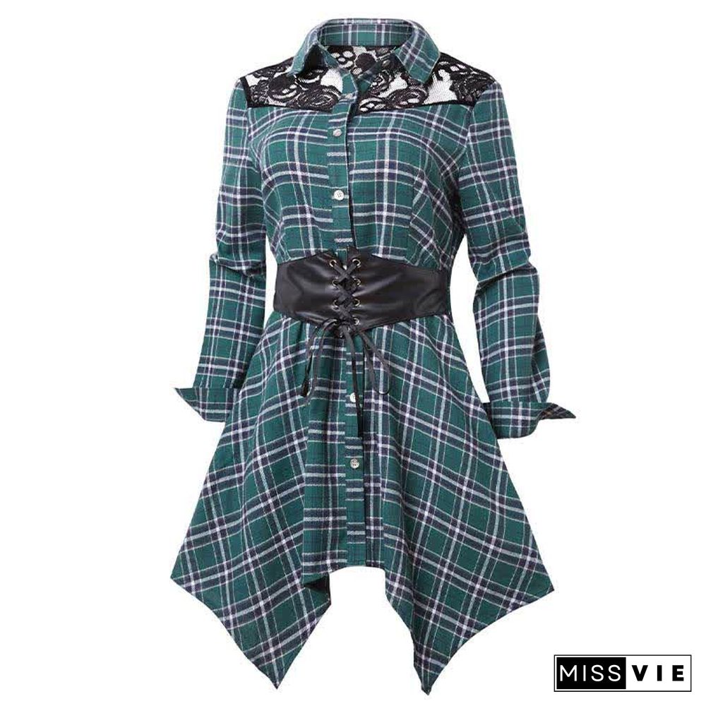 Irregular Plaid Print Lace Up Long Sleeve Shirt Dress