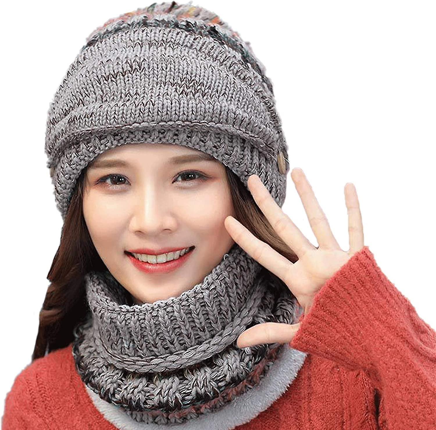 Womens Beanie Hat Scarf Set Fleece Lined Winter Hat For Women Thicken Crochet