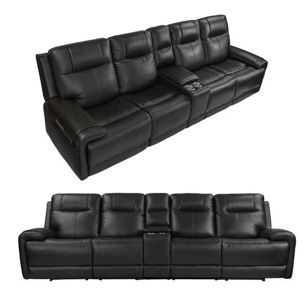 4 Seat Recliner Sofa Top Grain Leather Power Reclining Sofa with Storage Console， Adjustable Headrest