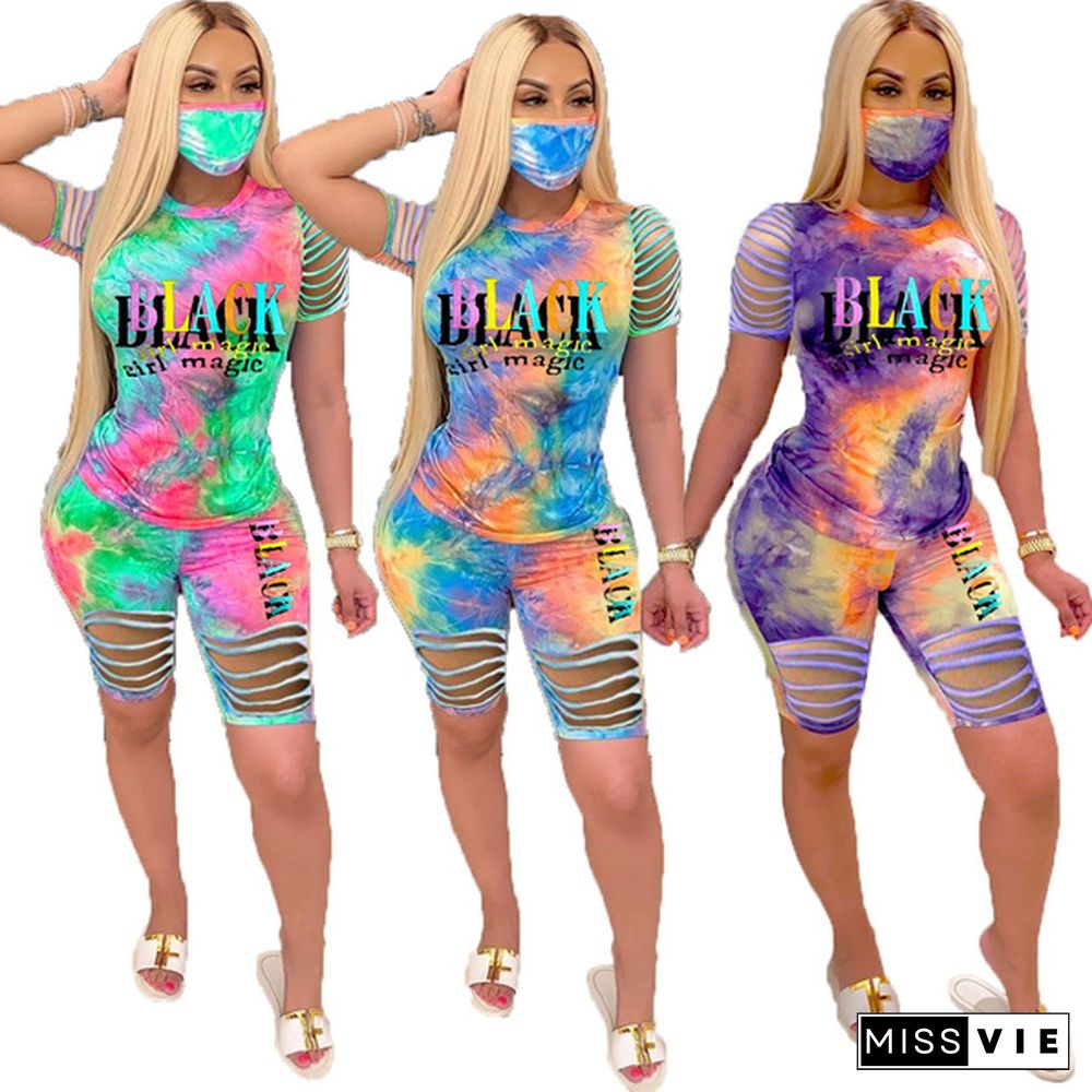 Summer Fashion Tie Dye Two Pieces Outfits George-Floyd Black Lives Matter Letter Print T Shirt And Shorts Set Women Outdoor Casual Hollow Out Athletic Set