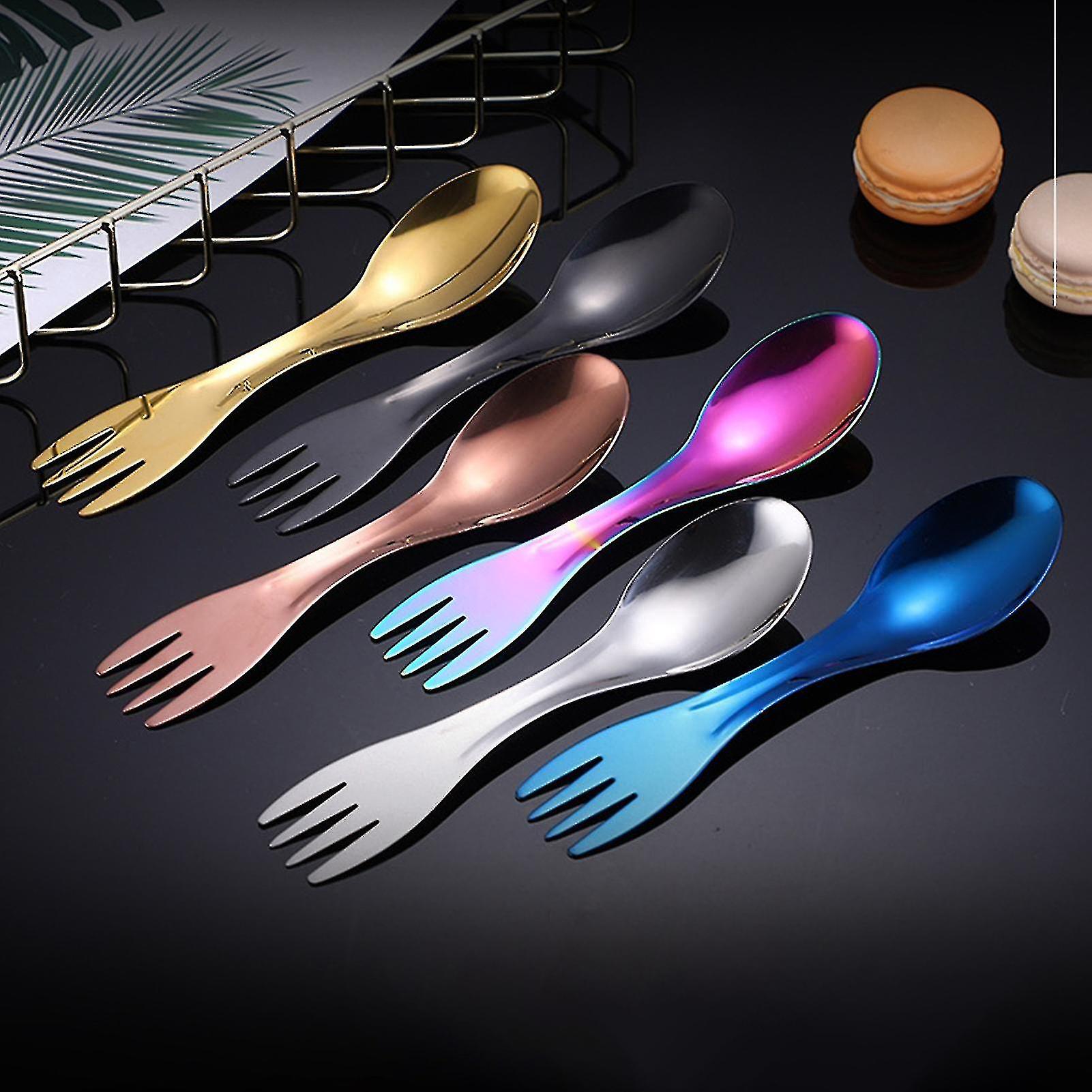 2pcs 2 In 1 Multi-purpose Camping Fork Thicken Comfortable Grip Long Service Life Picnic Spoon For Cooking