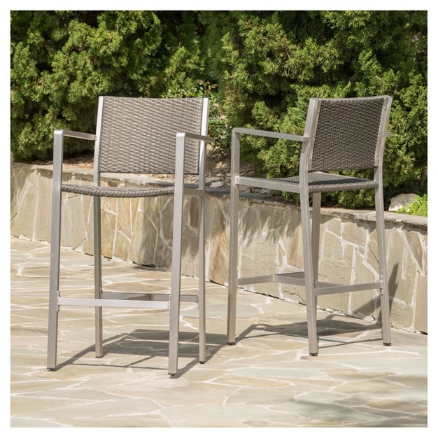 Cape Coral Set Of 2 Aluminum And Wicker Barstools Gray Christopher Knight Home