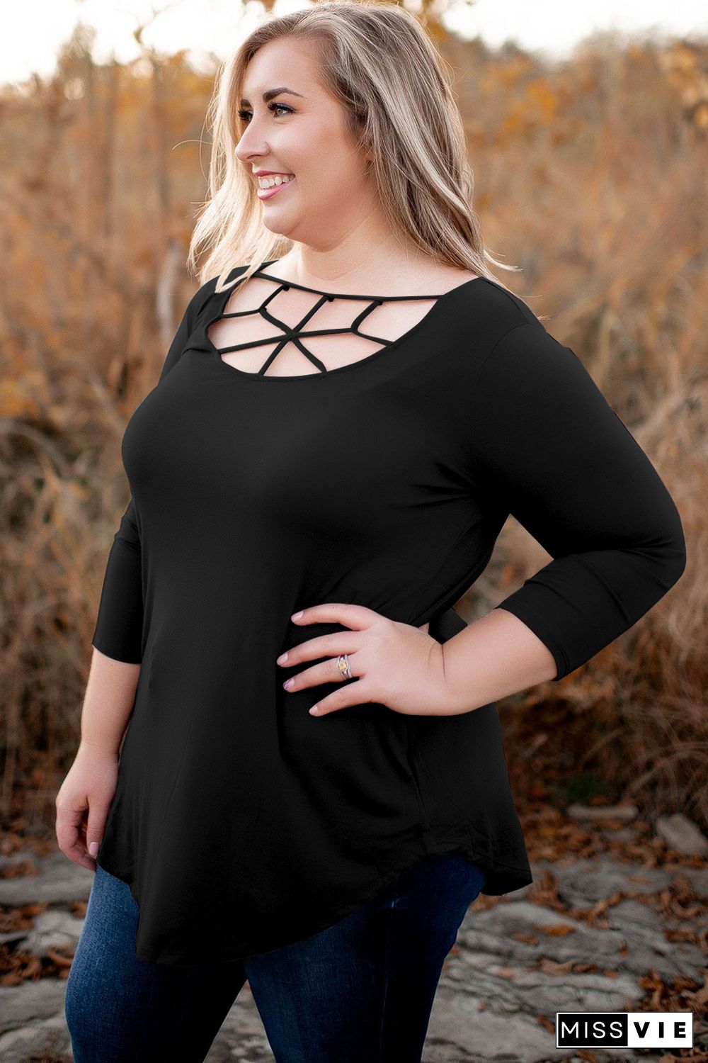 Black 3/4 Sleeve Cut out Neckline Plus Size Top