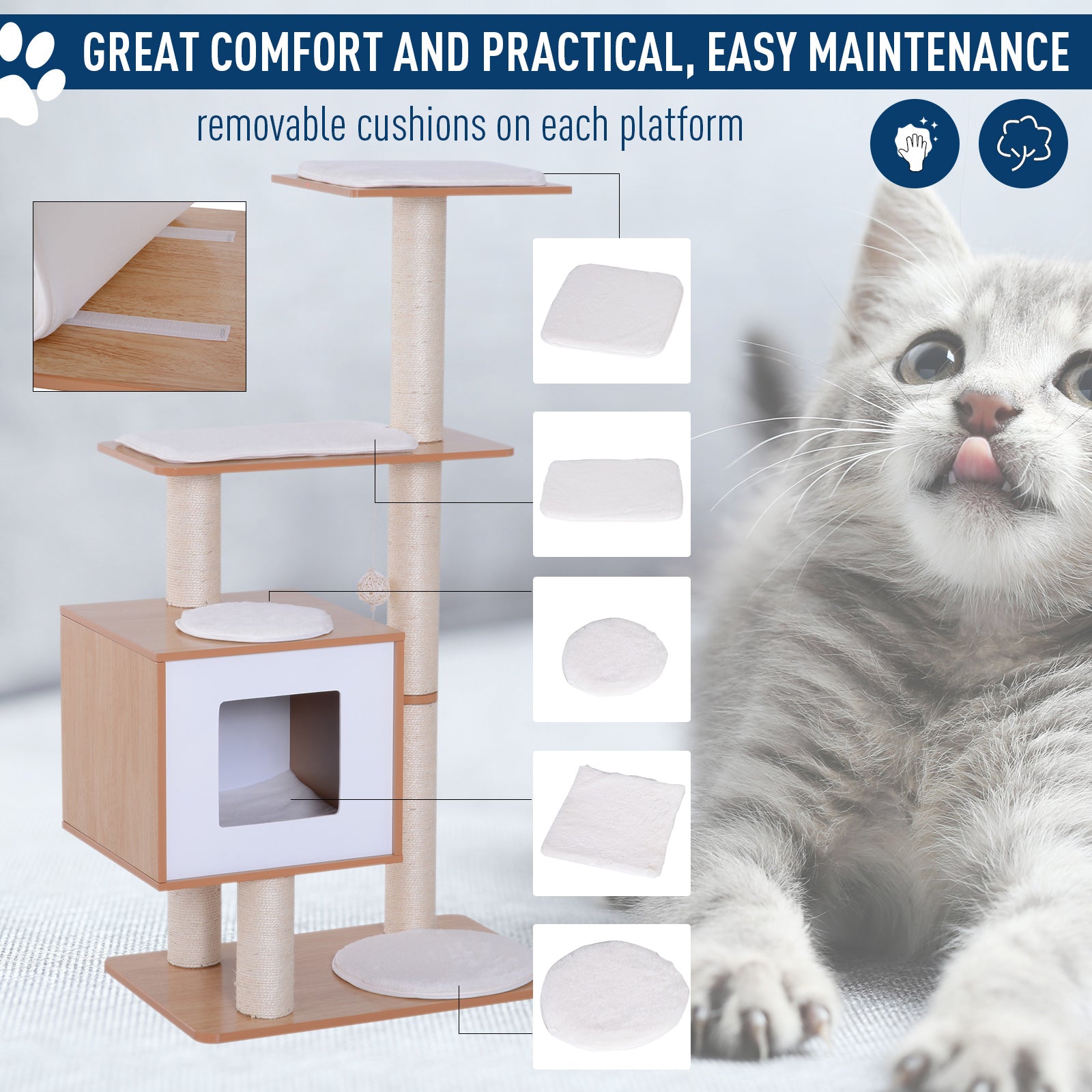 Pawhut 47” Modern Cat Tree Multi-Level Scratching Post With Cube Cave Enclosure - Oak Wood and White