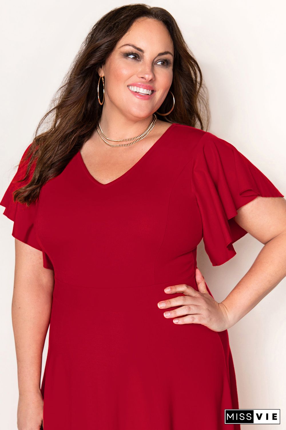 Red Plus Size Short Flutter Sleeve Midi Dress