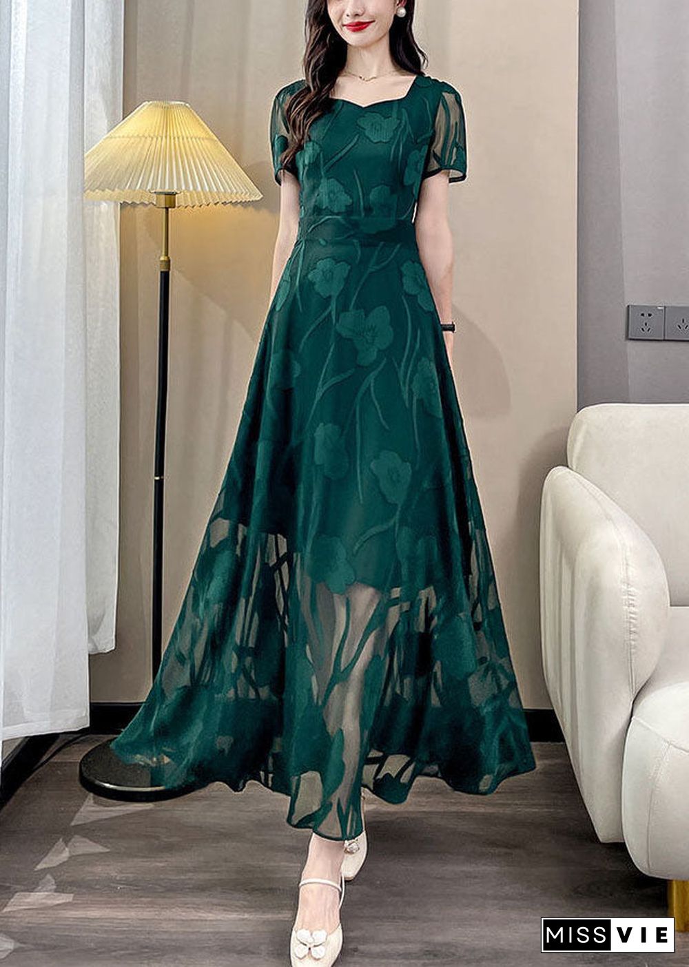 Jacquard Green Square Collar Draping Chiffon Maxi Dresses Summer