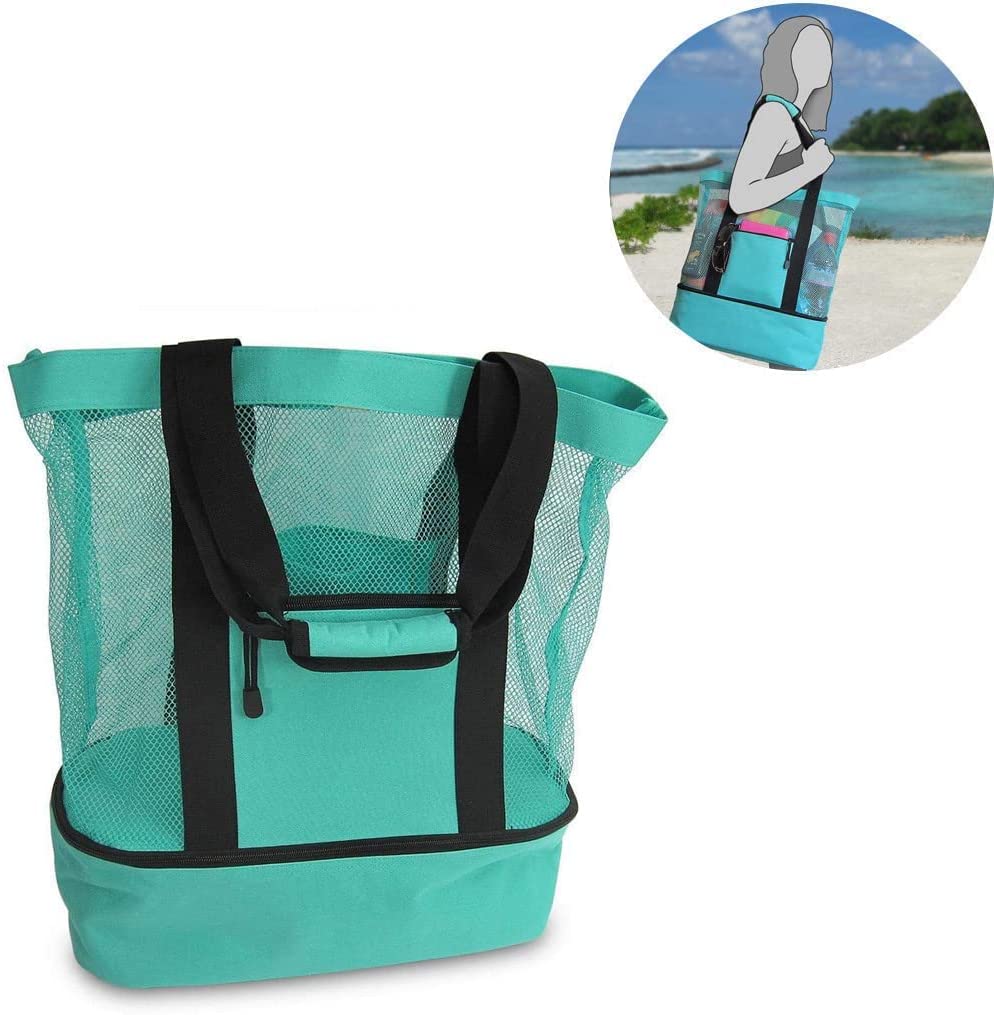 HeSaYep Picnic Bag Oversized Beach Mesh Tote Bag Outdoor Camping Cooler Bag， Green