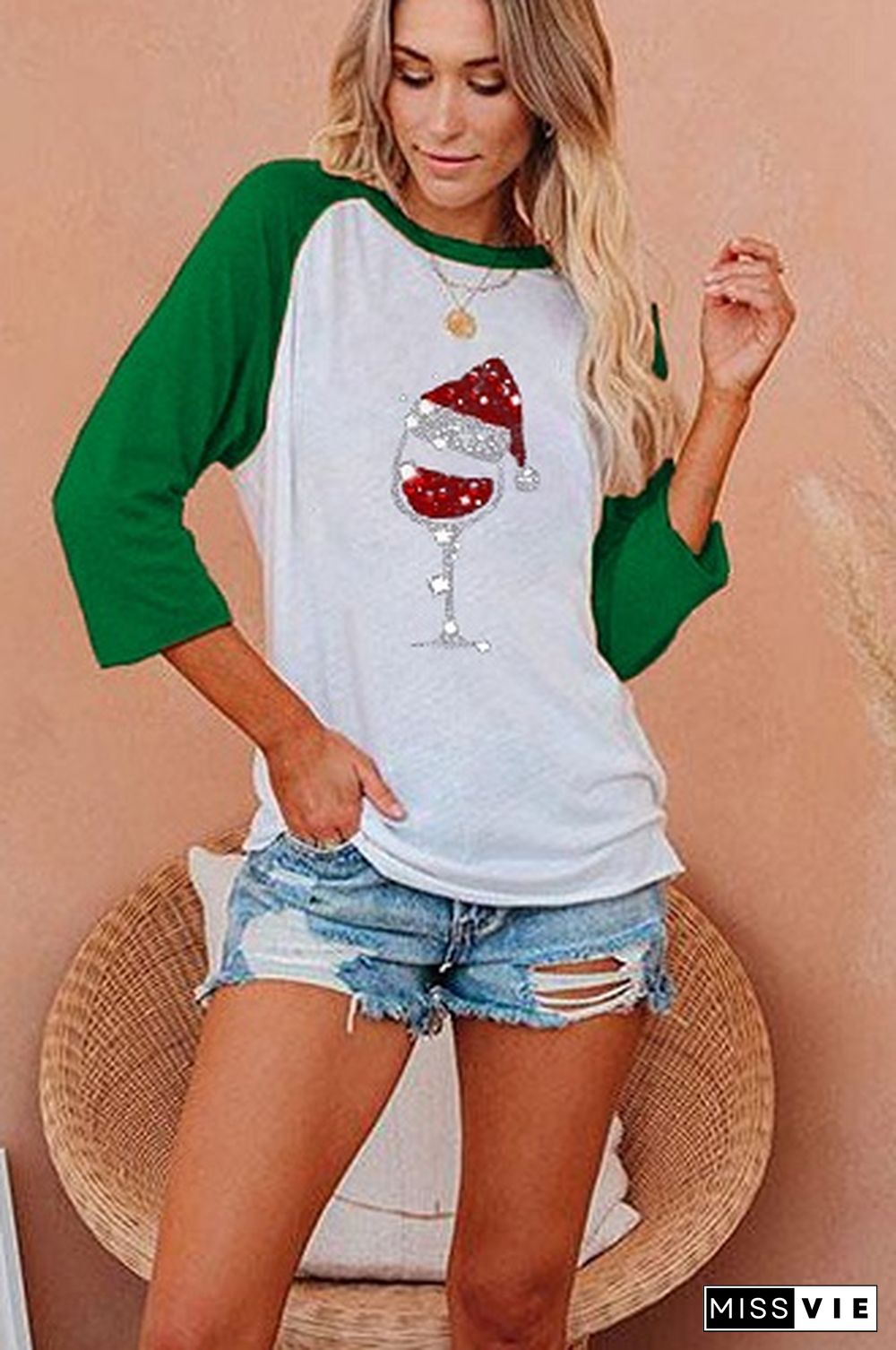 Green Christmas Print Crew Neck Three-quarter Sleeve T-shirt