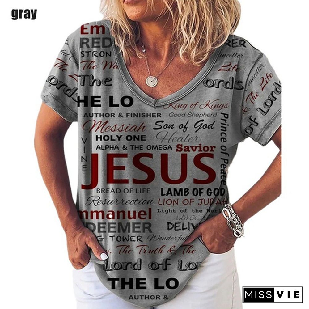 New Trend Casual Loose Large Size Printed Short Sleeve V-Neck Women's T-Shirt