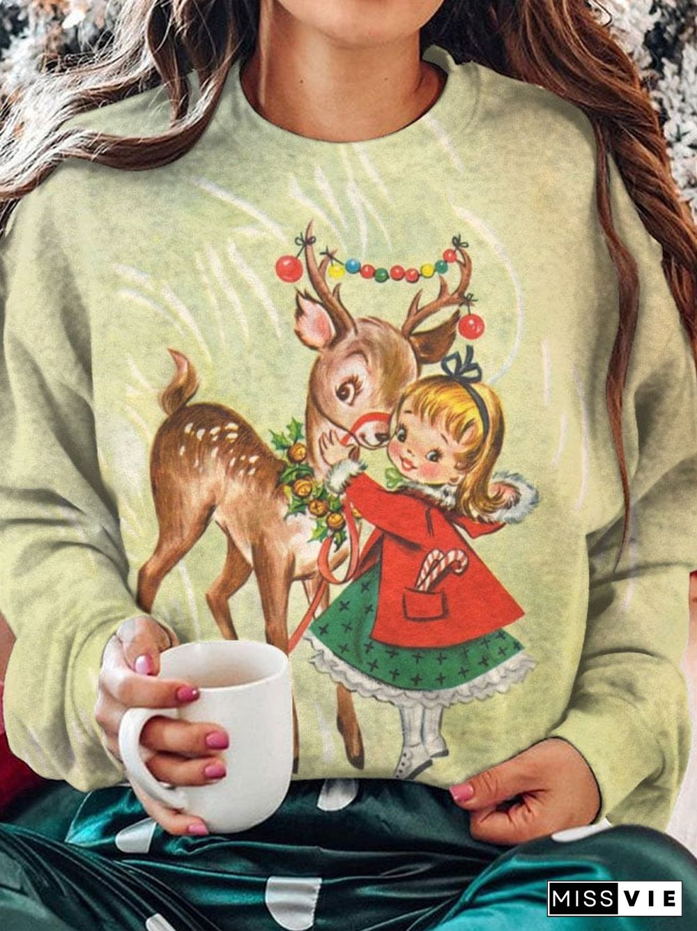 Women's Christmas Deer Print Crew Neck Sweatshirt