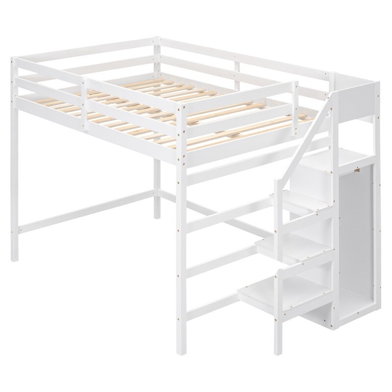 Modern Wooden Full Size Loft Bed with Built in Storage Wardrobe and Staircase