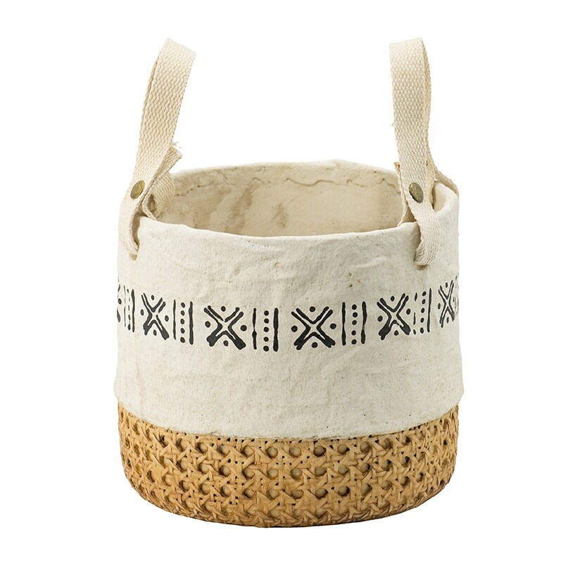 A B Home Natural Base Planters with Print Trim Cotton Handles (Set of 2)