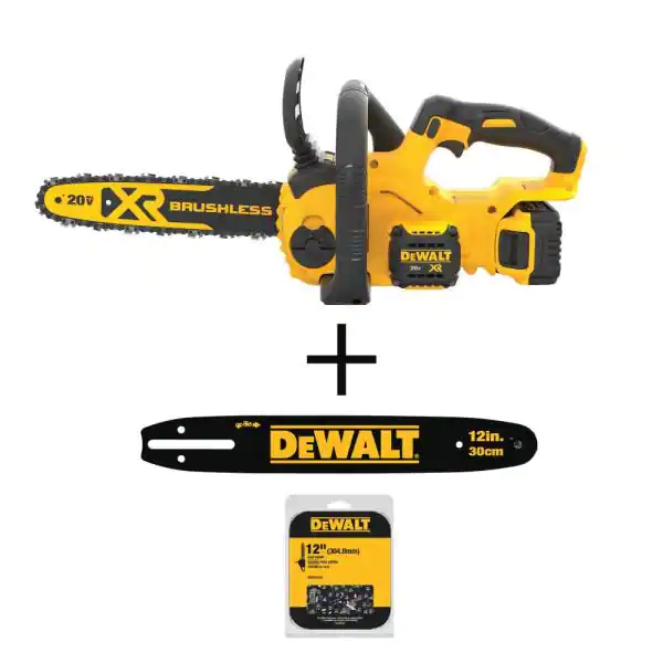 DEWALT DCCS620P1 12 in. 20-Volt MAX Cordless Brushless Chainsaw with DWZCSB12 12 in. Chainsaw Bar and DWO1DT612 12 in. Chainsaw Chain (45 Link)