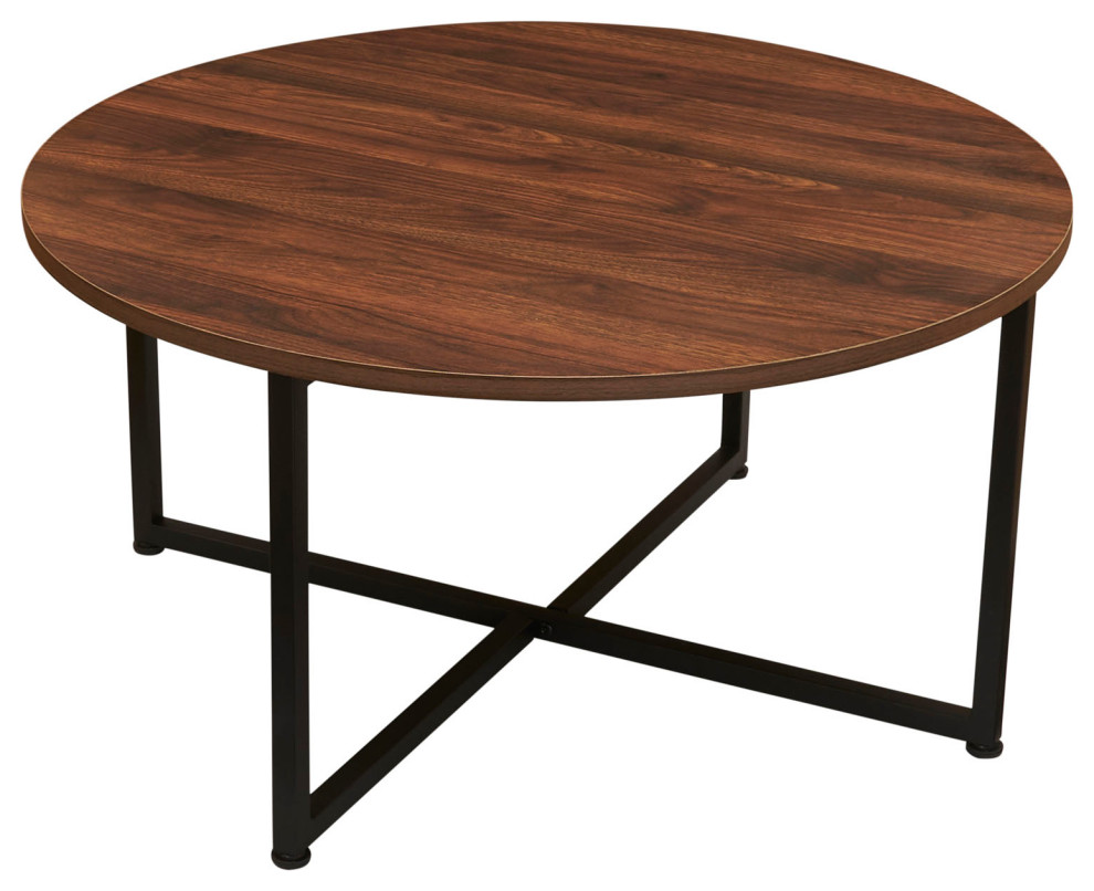 Jamestown Round Coffee Table Mid Century Walnut Wood Grain and Black Metal   Transitional   Coffee Tables   by Household Essentials  Houzz