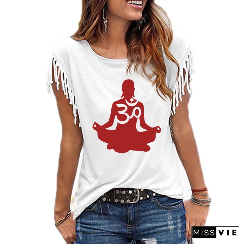 Womens ShortSleeve Om Aum SilhouettePrint T-shirt Summer FashionClothingTShirtWomen's Cotton Tassel Casual T-shirt