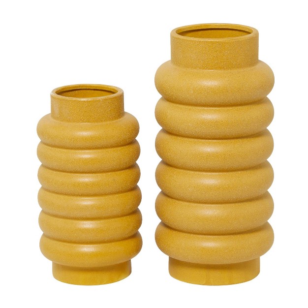 Set Of 2 Ceramic Vase With Ring Ribbing Yellow Cosmoliving By Cosmopolitan