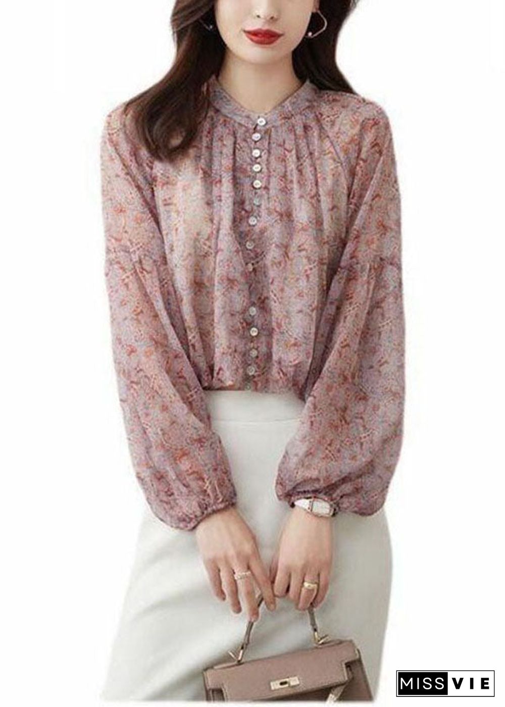 Bohemian Pink Stand Collar Print Chiffon Shirt Top Lantern Sleeve