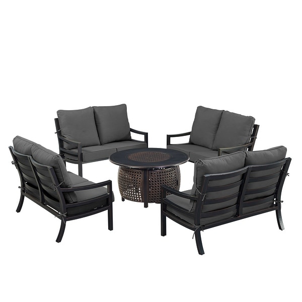 Black Aluminum Fire Table Set with Four Deep Seating Loveseat with Cushions