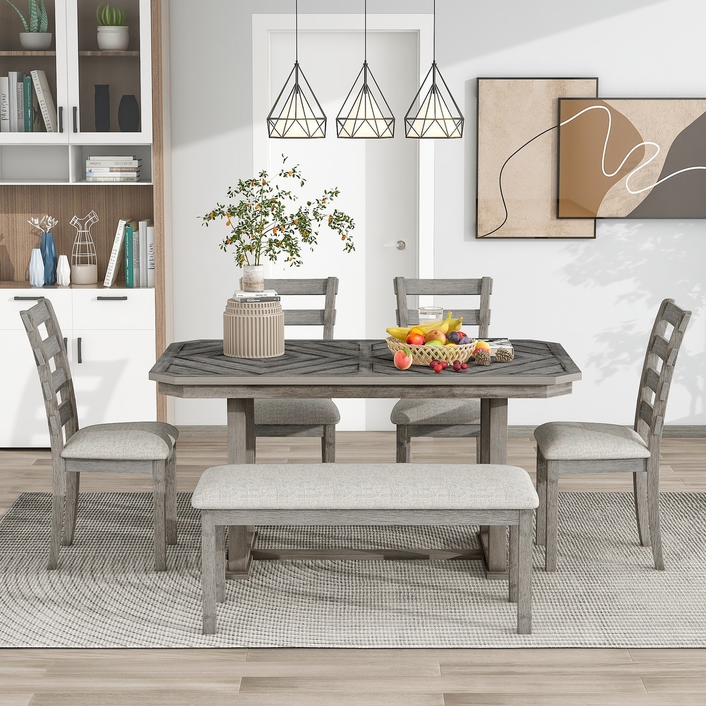 Dining Room 6 Piece Rubber Wood Dining Set with Rectangular Dining Table and Ladder Back Cushion Chairs   Bench Seating