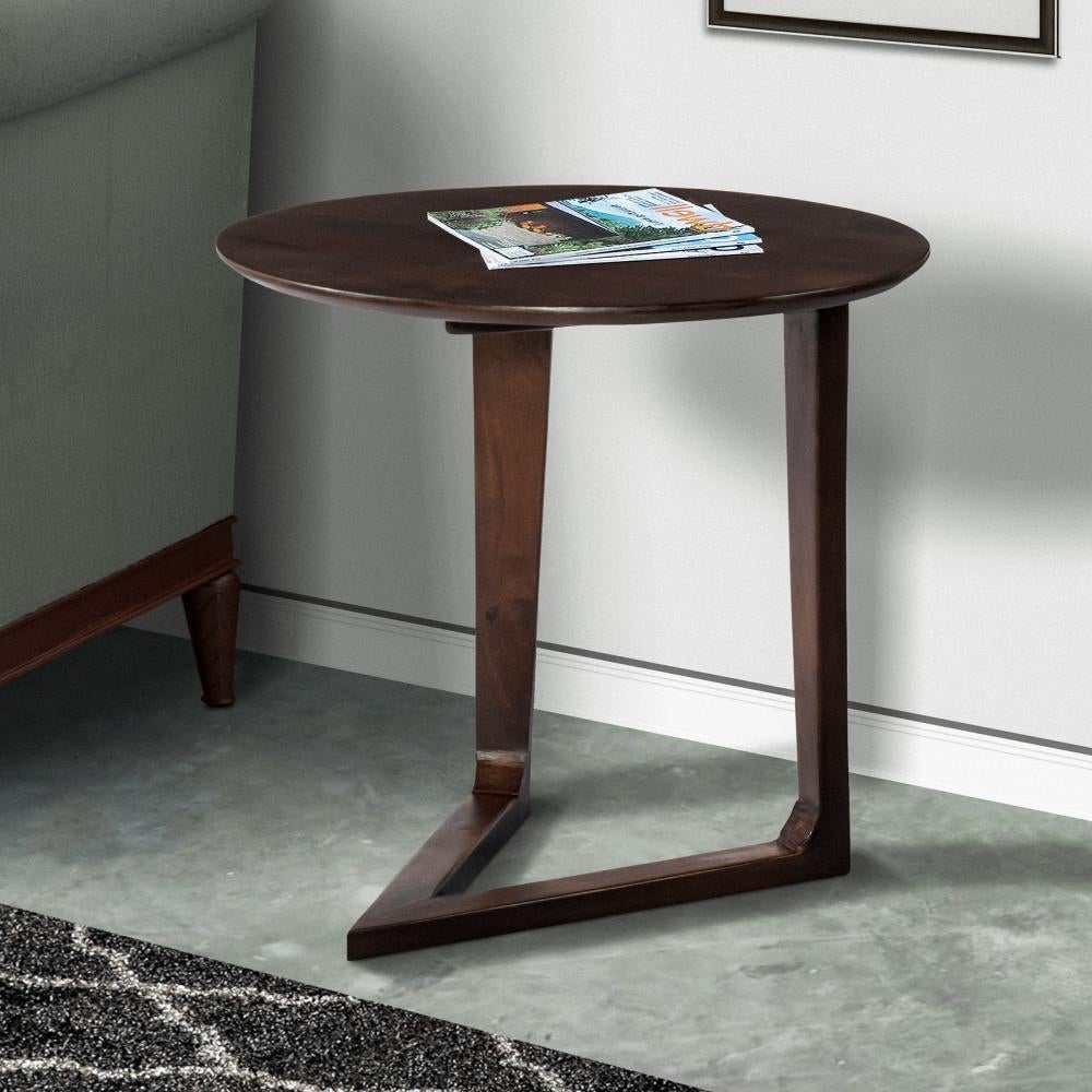 Mango Wood Round Side Table with and Cantilever Base， Brown - 19 L X 38 W X 18 H