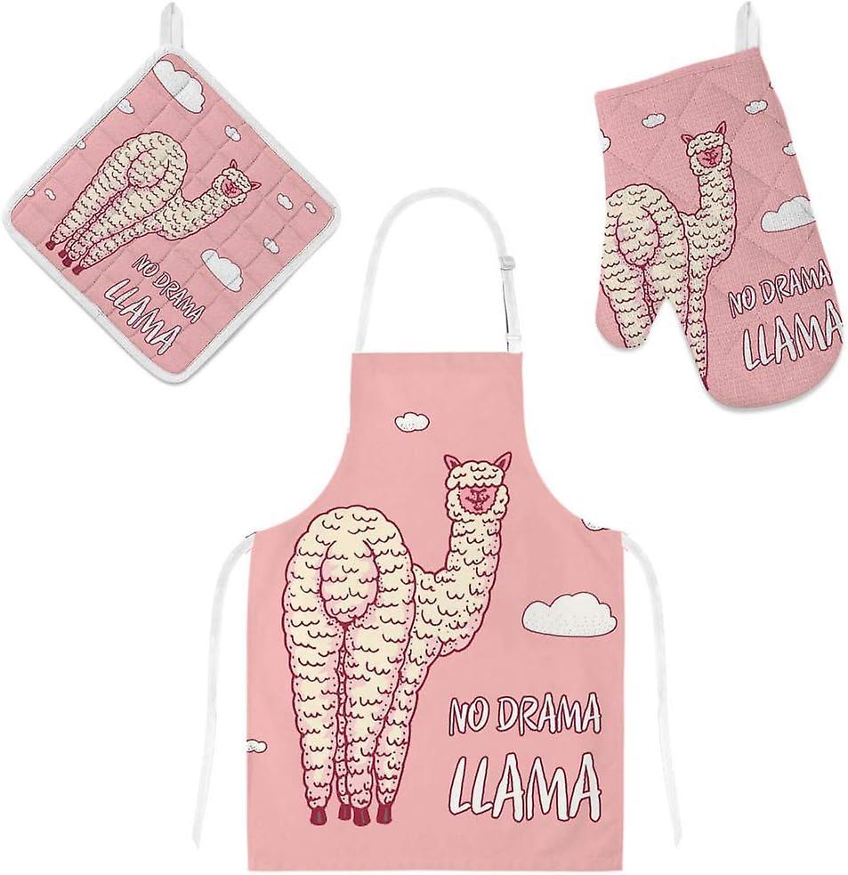 Insulation Kitchen Oven Mitts Potholder Apron 3pcs Set Cute Alpaca Llamas Guanaco Non Slip Heat Resistant Gloves For Baking Cooking Bbq