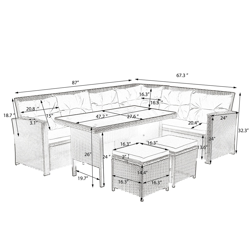 Patio 6 piece Outdoor Sectional Sofa with Glass Table Set