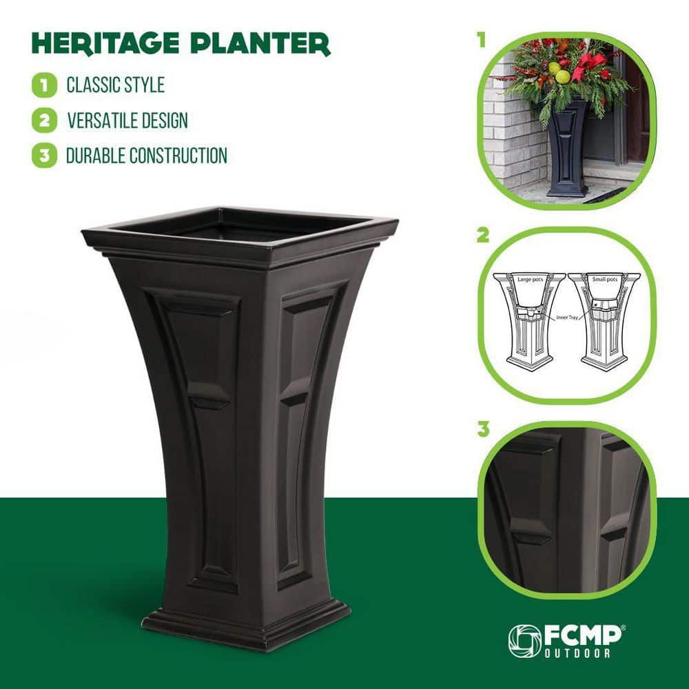 FCMP Outdoor Tall 16 in. x 28 in. Black Plastic Heritage Planter (2-Pack) HP3000-BLK-2